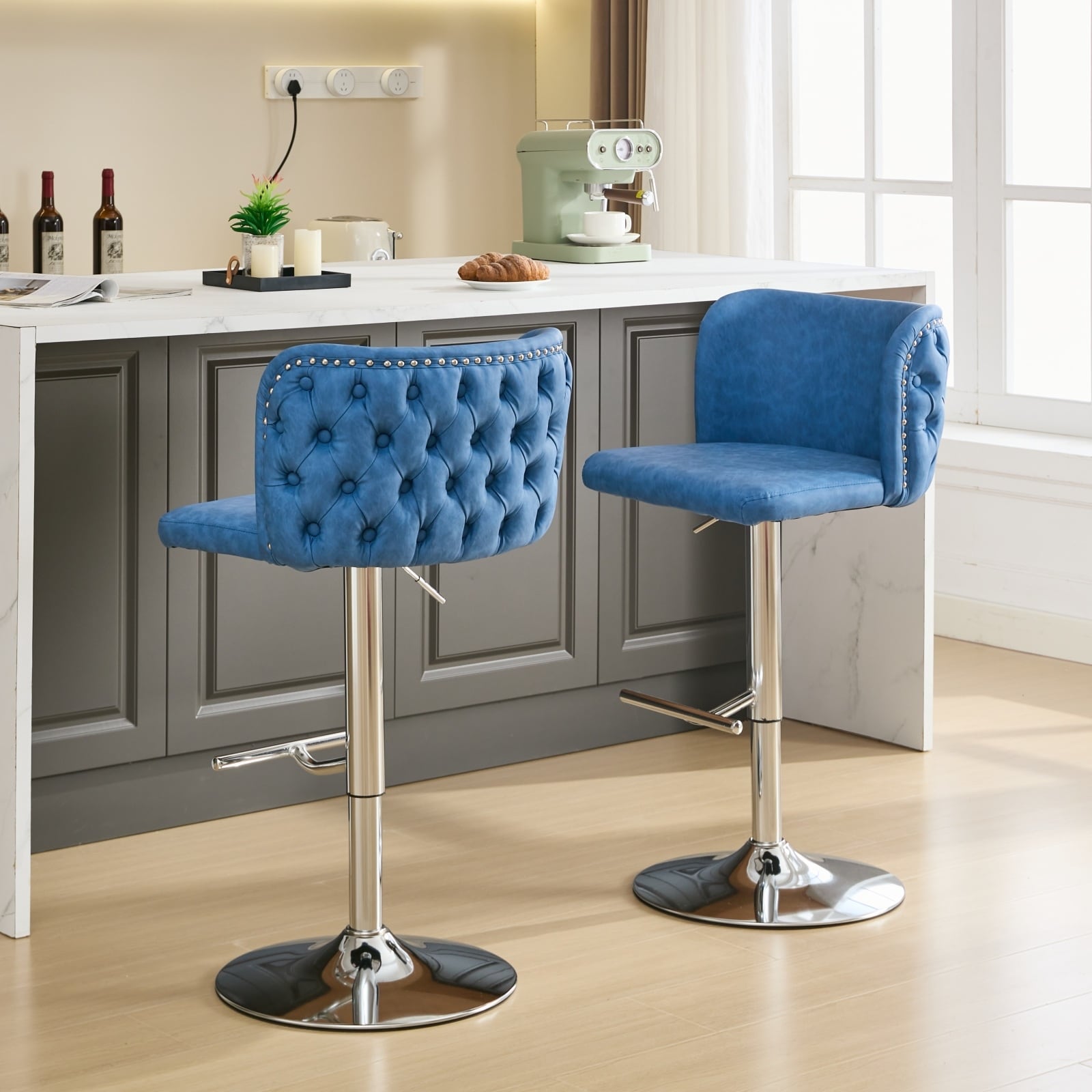 Set of 2 Modern Leather Upholstered Swivel Adjustable Height Tufted Bar Stools with Back.