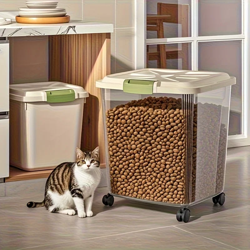Boîte de conservation des aliments pour animaux de compagnie scellée avec roulettes et cuillère, boîte à roulettes transparente pour aliments pour chiens, chats et oiseaux, 2 tailles disponibles
