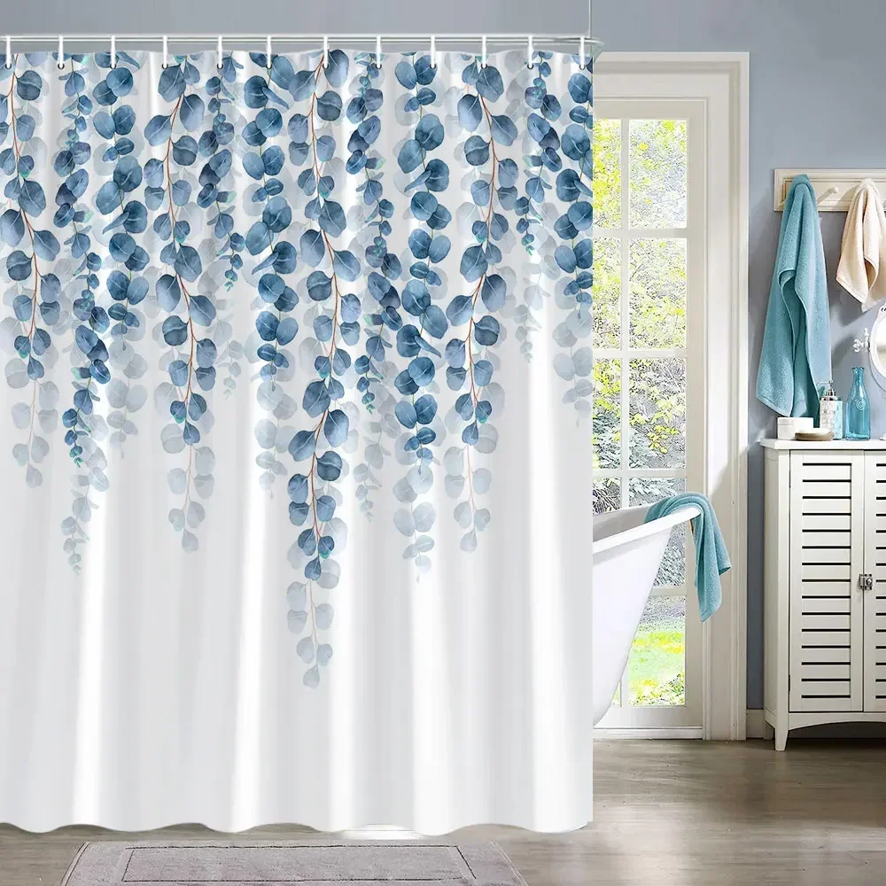 Rideau de douche feuilles d'eucalyptus pour salle de bain, rideau de bain décoratif plante feuille verte, ensemble de rideaux de salle de bain en Polyester avec crochets