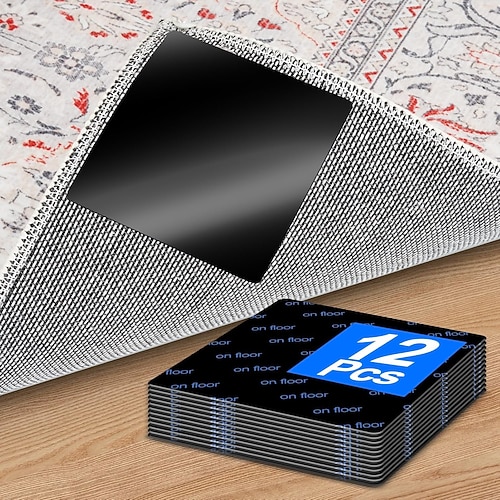 12 Stück Premium-Teppichgreifer Teppichband, quadratische Anti-Rutsch-Pads für Teppiche, 3,9 Zoll, verhindert Aufrollen Gleiten, ideal für Hartholz-, Fliesen-, Marmor- und Laminatböden Image