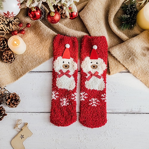 Weihnachtssocken für Damen, kuschelige warme Hausschuhsocken aus Korallenfleece, dicke, flauschige Winterschlafsocken für Paare Passendes Familiengeschenk, rutschfeste Bodensocken für den Image