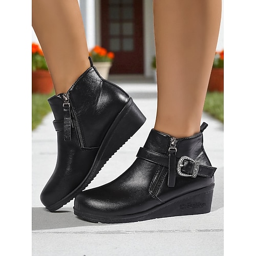 Damen Stiefel Täglich Stiefeletten Schnalle Keilabsatz Runde Zehe Lässig Minimalismus Kunstleder Reißverschluss Schnalle Schwarz Braun
