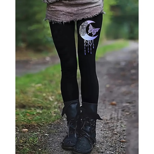 Damen Vikinger Chinos Leggings Gemütliche Leggings Urlaub Basic Lässig Volle Länge Hohe Taille Schmetterling MOON Drucken Thermowarm Bequem Dehnbar Lässig Täglich Straße Schwarz Herbst Winter Schmale Image