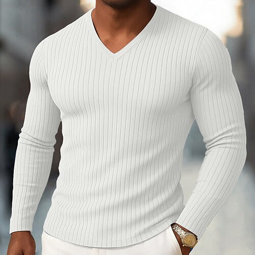 Herren T Shirt Muskelshirt Geripptes Strick-T-Shirt T-Shirt Langarm V Ausschnitt Frühling Herbst Winter Einfach Grubenstreifen Mode Designer Basic Stricken Urlaub Straße Lässig Schwarz Weiß Blau Top Image