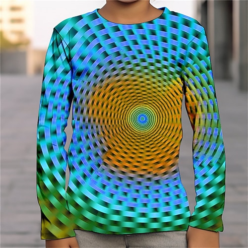 Jungen T-Shirt mit 3D-Grafik und optischer Täuschung, langärmlig, 3D-Druck, Sommer, Frühling, Herbst, Sport, Mode, Streetwear, Polyester, Kinder, 4–12 Jahre, Outdoor, lässig, täglich, normale Passform