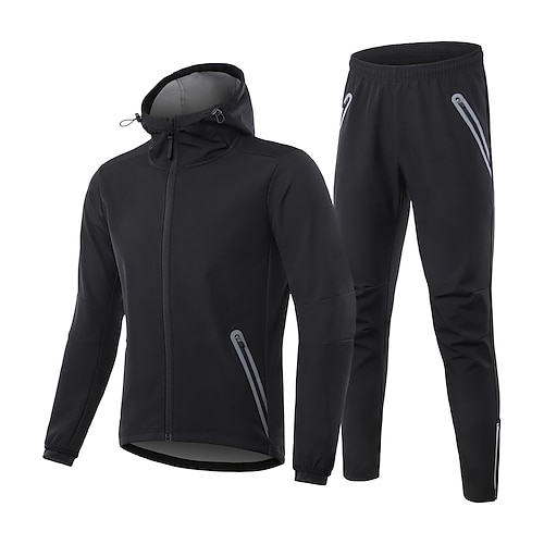 Herren Fahrradhose mit Jacke Langarm Mountainbike MTB Straßenradsport Frühling Winter Herbst Schwarz Einfarbig Fahhrad Winddicht Warm Radfahren Reflektierende Streifen Feuchtigkeitsableitend Sport Image