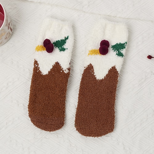 Weihnachtssocken für Damen, vielseitige Baumwollsocken bis zur Mitte der Wade, dicke Wintersocken aus Plüschkorallenfleece, warme, kuschelige, süße, flauschige Socken für den Urlaub Alltagskleidung Image
