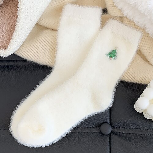 Winter-Weihnachtssocken für Damen, dicke, warme, flauschige Socken mit Schneemann Weihnachtsmann-Design, kuschelige weiße Nerzplüsch-Weihnachtssocken, süße Schlafsocken mit Weihnachtsbaummuster Image