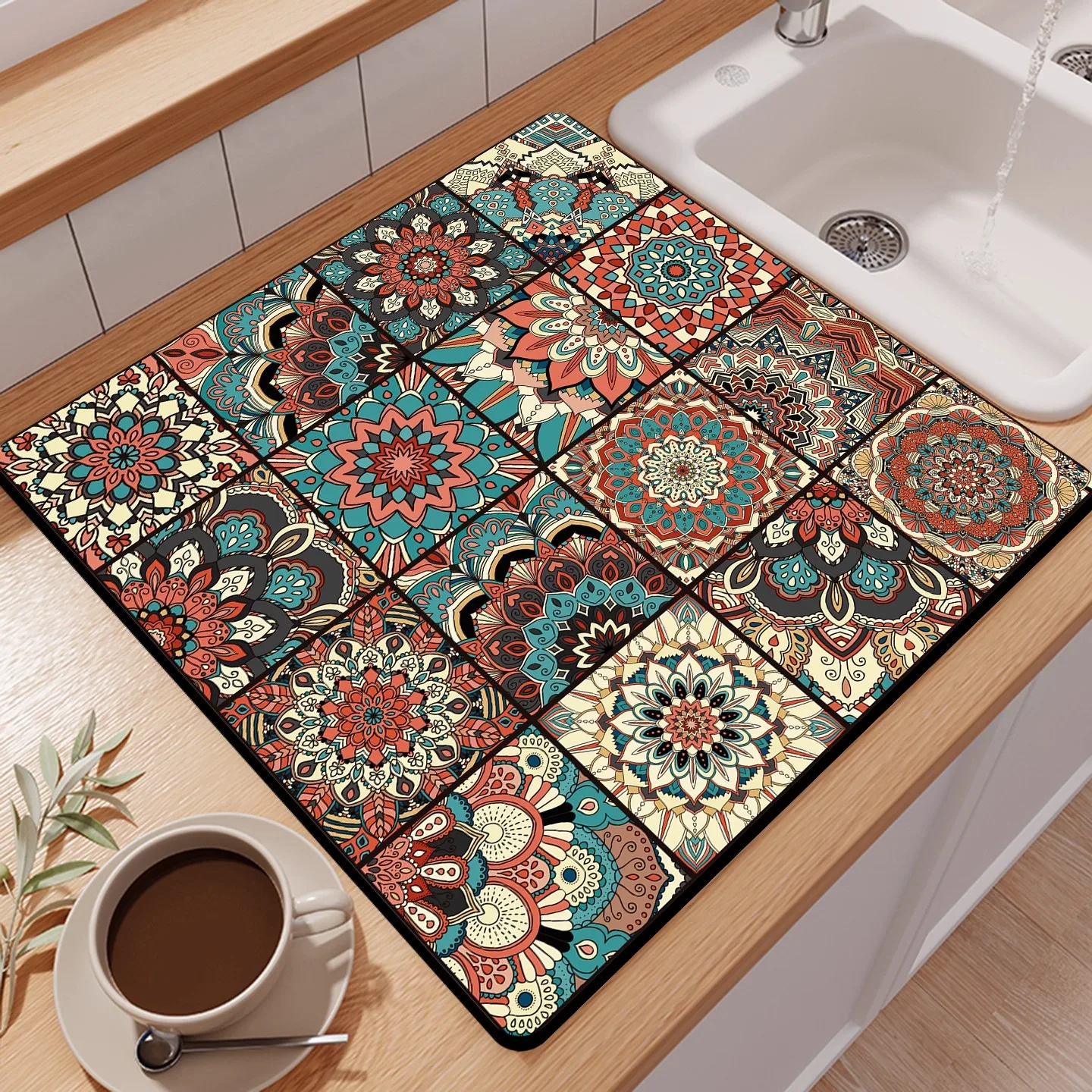 Boho Floral Dish Drying Mat Super Absorbent Dish Mat Drying Kitchen Mat Stain Drainage Mat for Kitchen Coffee Bar Decor Image