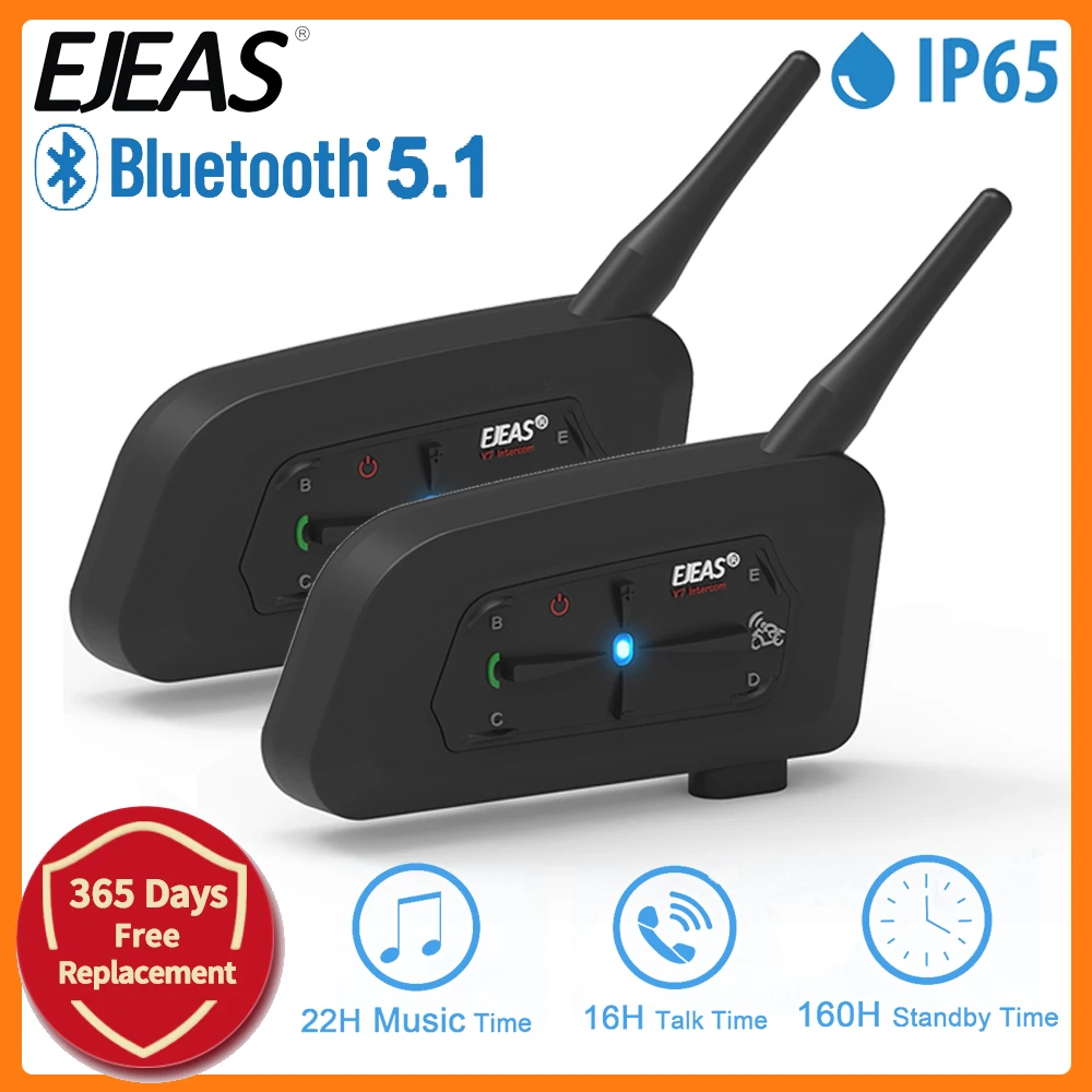EJEAS V7 Motorradhelm Bluetooth Intercom Headset Quick Pair Interphone BT5.1 für 700 m 7 Fahrer Vollduplex IP65 wasserdicht Image