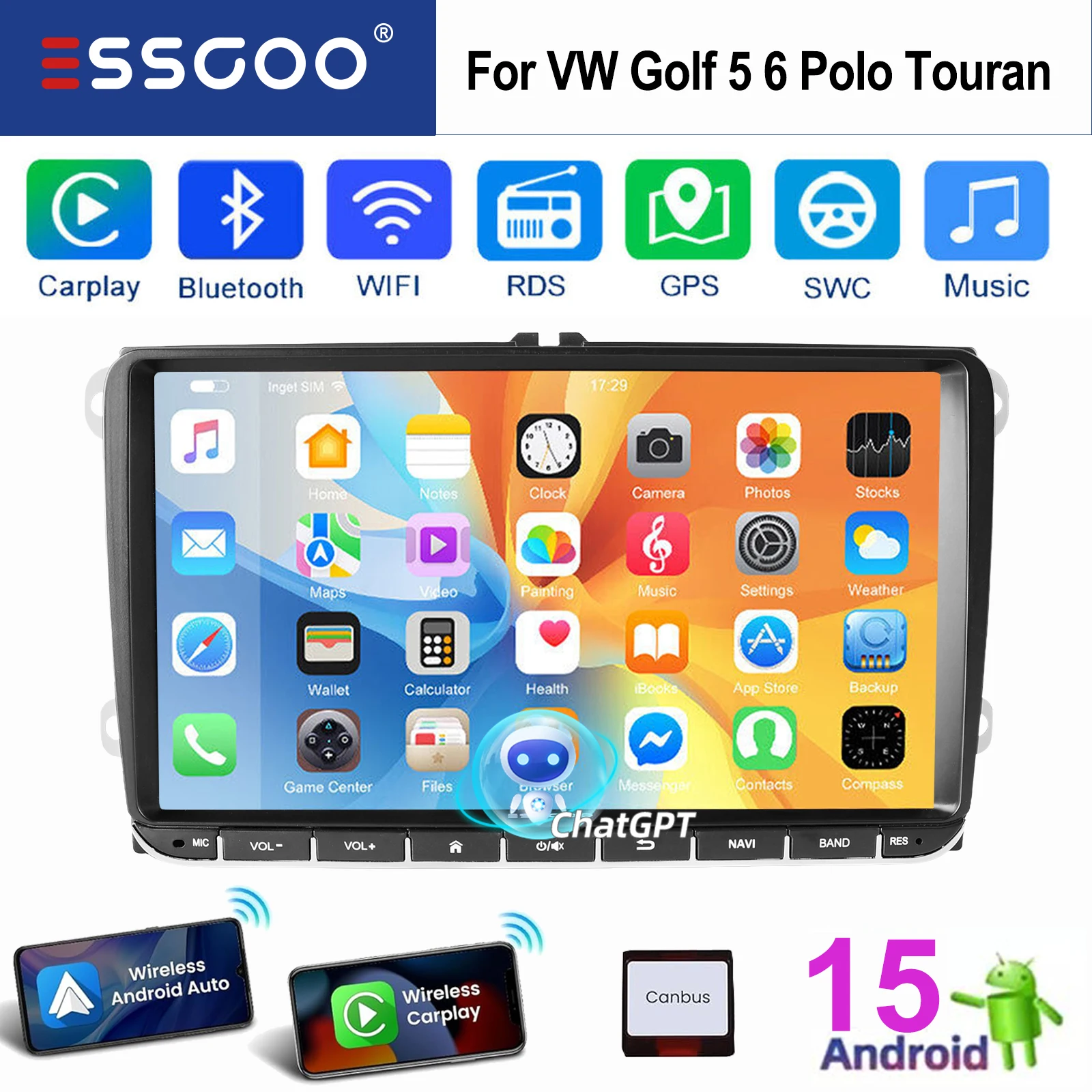ESSGOO Android 15 9 Pollici Display Touch IPS Per VW/PASSAT/GOLF/SEAT/SKODA/POLO Carplay Apple Wireless Android Auto Autoradio GPS Navigazione Bluetooth FM RDS WIFI Mirror Link USB Controlli Volante