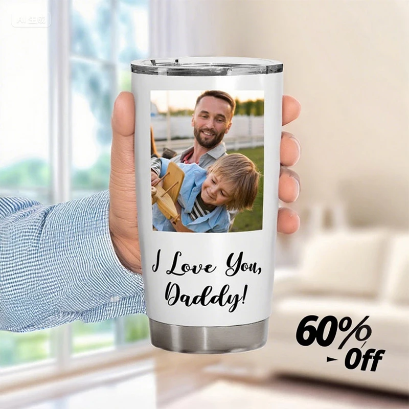 Bottiglia d'acqua con foto personalizzata Tazza da viaggio isolata in acciaio inossidabile Bicchiere da caffè personalizzato per la festa del papà con logo del testo dell'immagine
