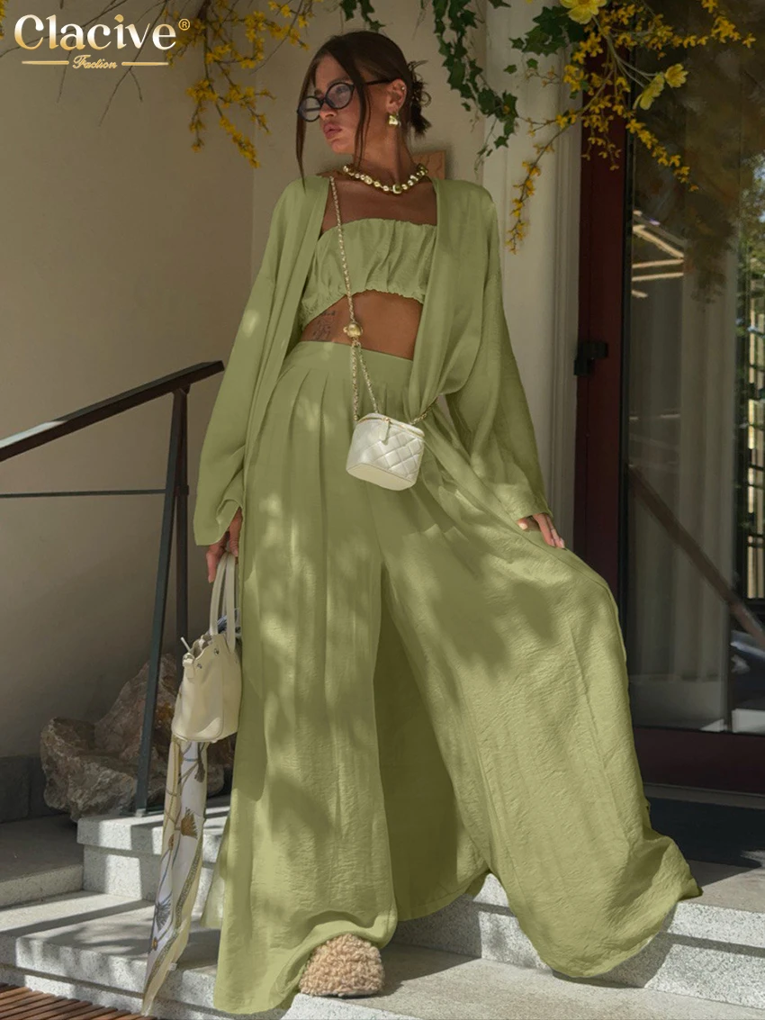 Clacive Mode Lose Grün 3-teiliges Set Für Frau 2025 Sexy Langarm Roben + Tube Top Mit Hoher Taille Breite Hosen Set Weibliche