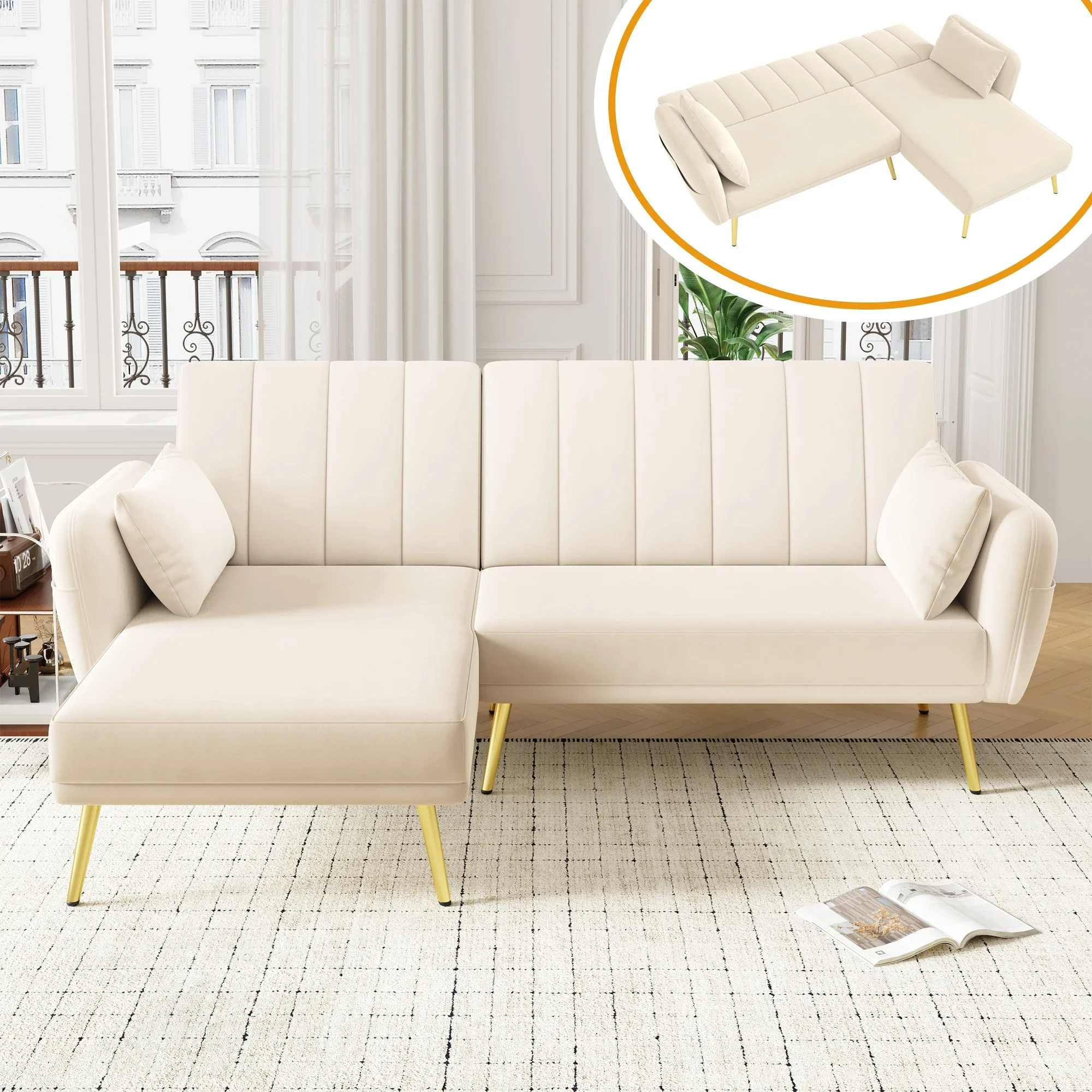 Modernes Klappsofa, L-förmiges Sofa, Schlafsofa mit zusätzlicher Ecke, Ecksofa mit Schlaffunktion, geeignet für Wohnzimmer