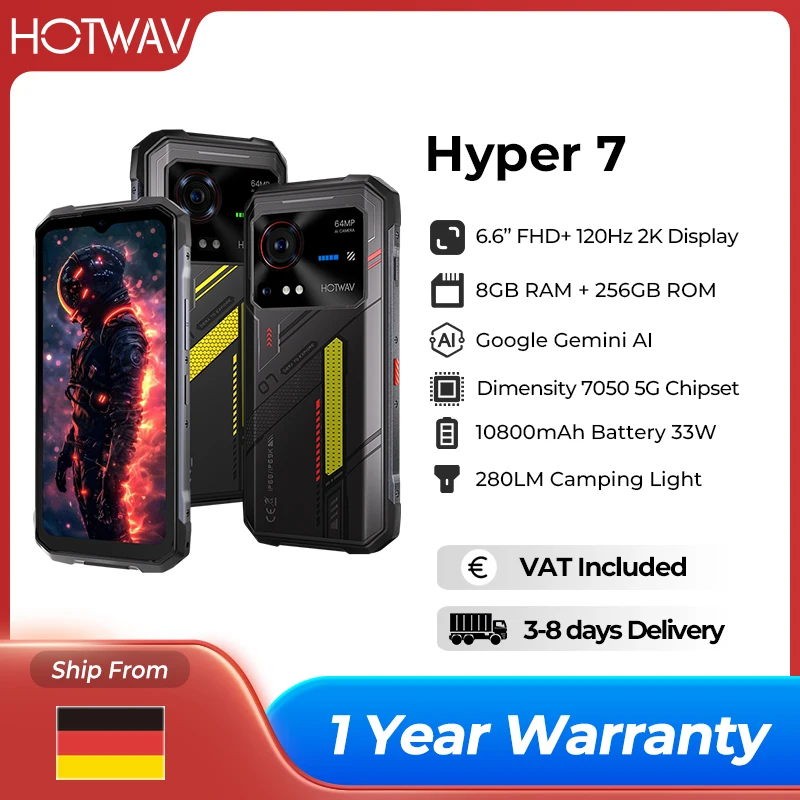 HOTWAV Hyper 7 5G Robustes Telefon 10800 mAh 6,6'' FHD+ 2K Display Mobiltelefon 280LM 64MP Smartphone 8 GB 256 GB Android 14 Mobiltelefon
