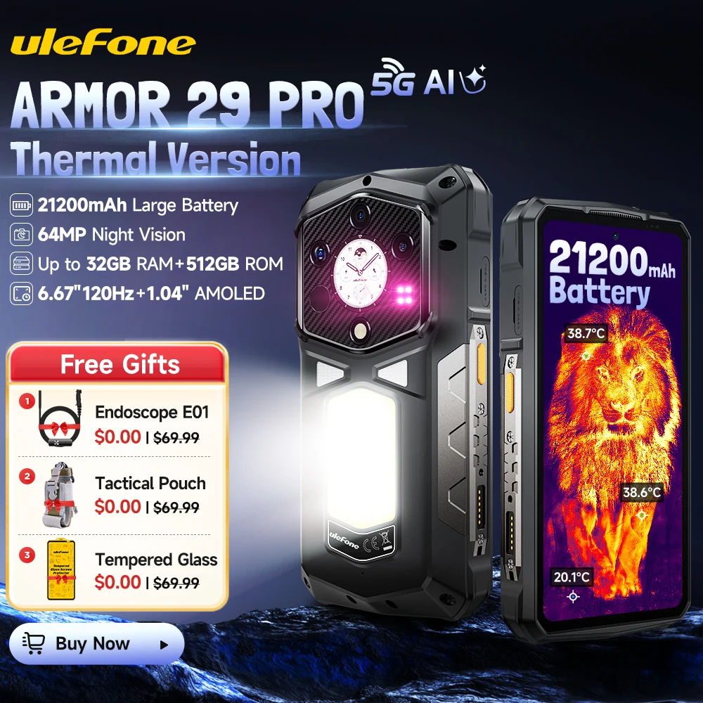 【Weltpremiere】 Ulefone Armor 29 Pro Thermal Version 5G AI Robustes Telefon 21200 mAh Mobil 120 W 64 MP Nachtsicht 6,67" 120 Hz AMOLED Dual Screen 1,04" Sub-Display 512 GB ROM
