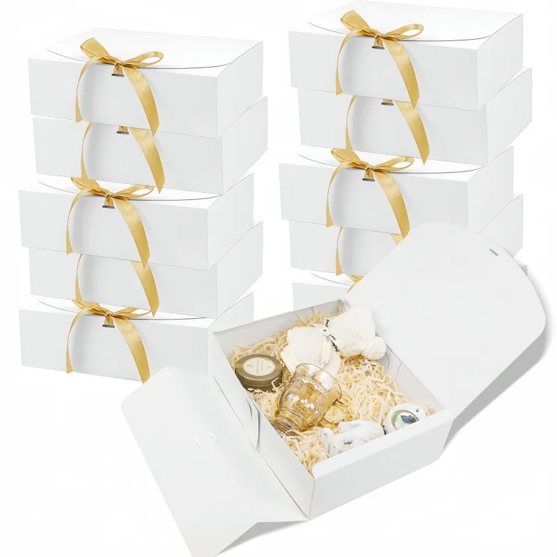 3 große weiße All-In-One-Geschenkbox aus Pappe mit Schleifenband, perfekt für Party, Hochzeiten, Geburtstage, Feiertage, Süßigkeiten, Kekse Image