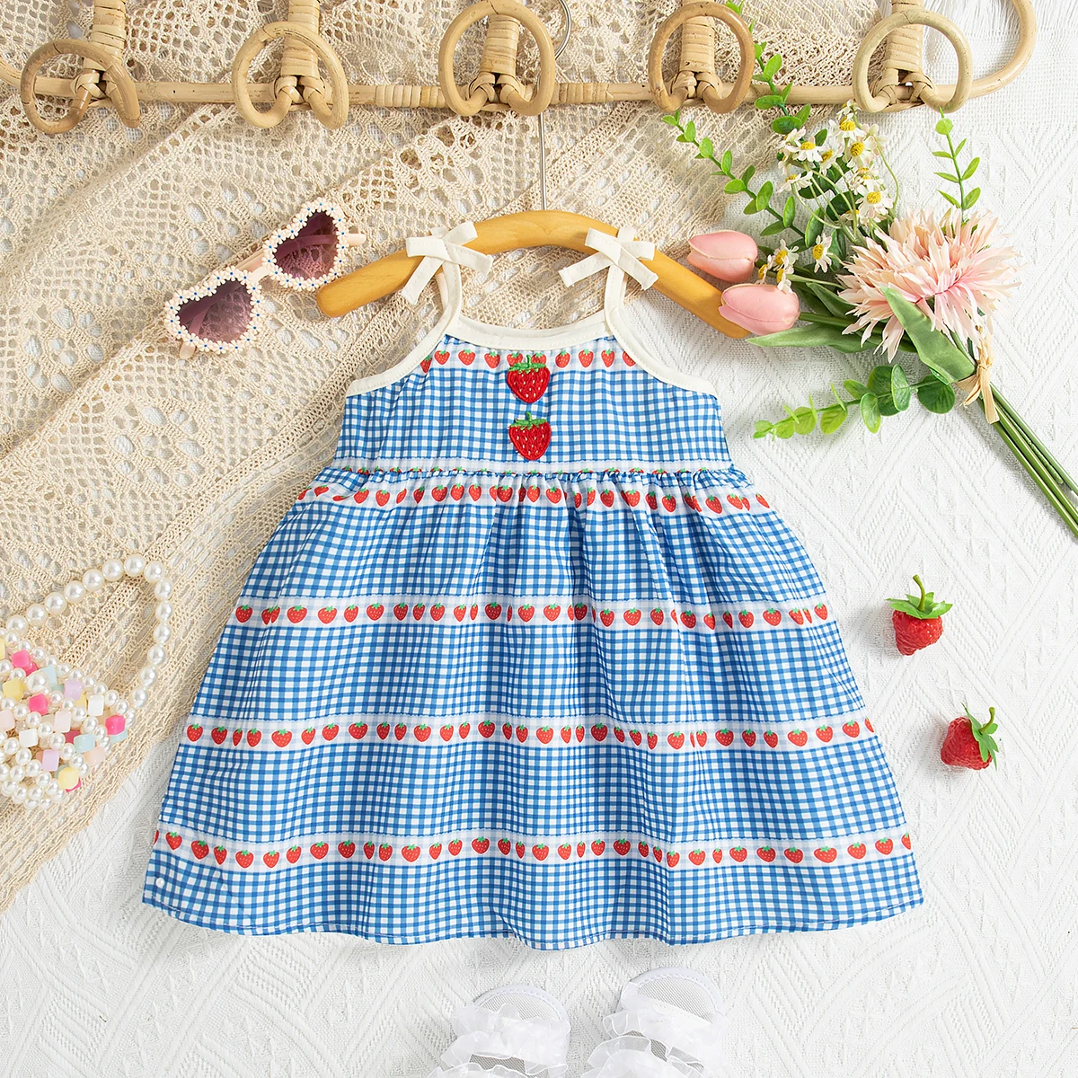 Baby Mädchen Kleid Erdbeere Druck Blau Plaid Schleife Hosenträger Kleid Sommer Freizeitkleidung für Kinder Mädchen Image