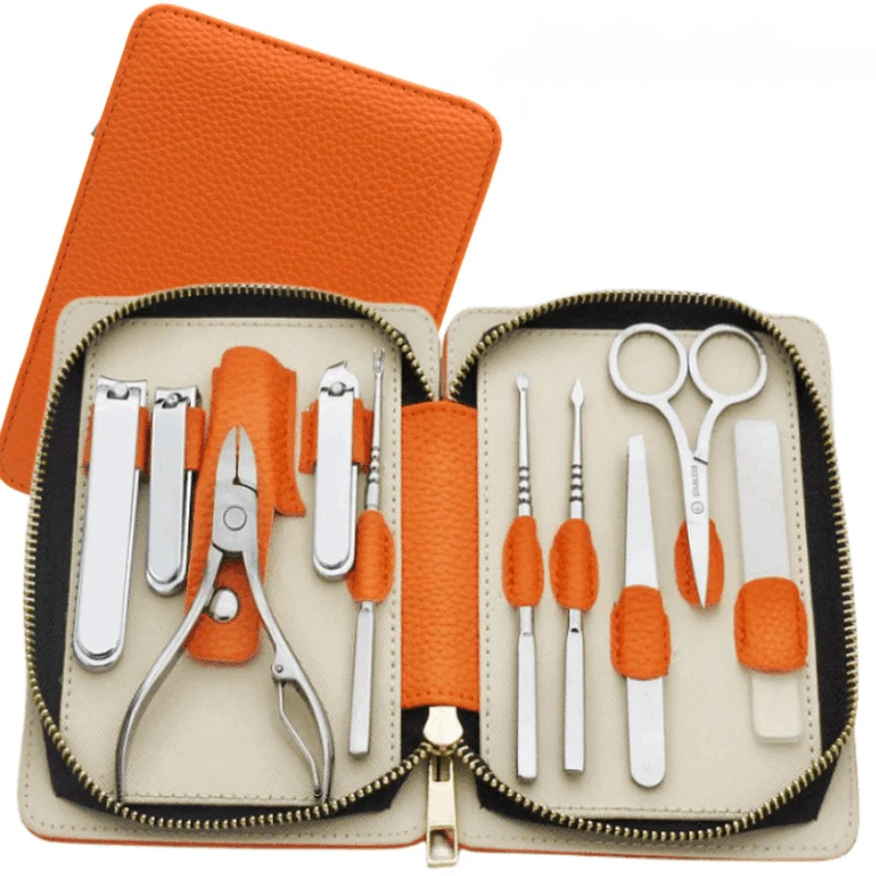 Maniküre-Werkzeug-Trimmset aus orangefarbenem Leder, komplettes Maniküre-Set aus rostfreiem Maniküre-Schneideset für die Zehenpartie und abgestorbene Haut für die häusliche Pflege Image