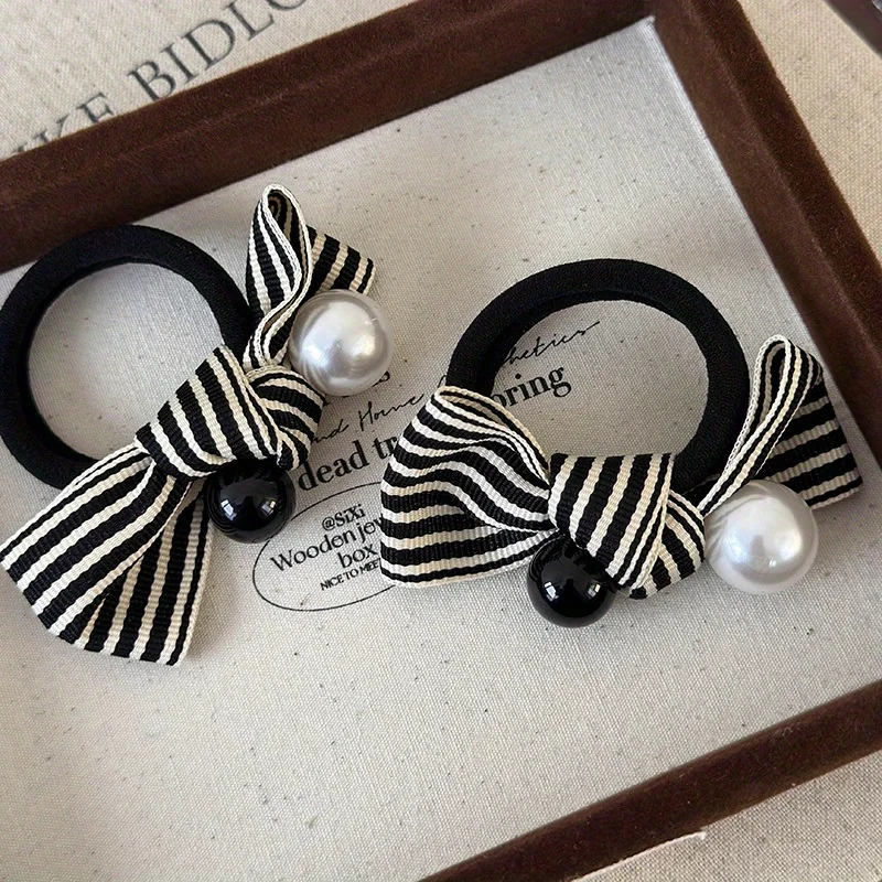 Einfache Strand-Haar-Accessoires, Haargummis für Haare, Damen-Accessoires, Perle, gestreifte Schleife, Mädchen, niedliche Artikel, neue Kopfbedeckung, Bekleidung