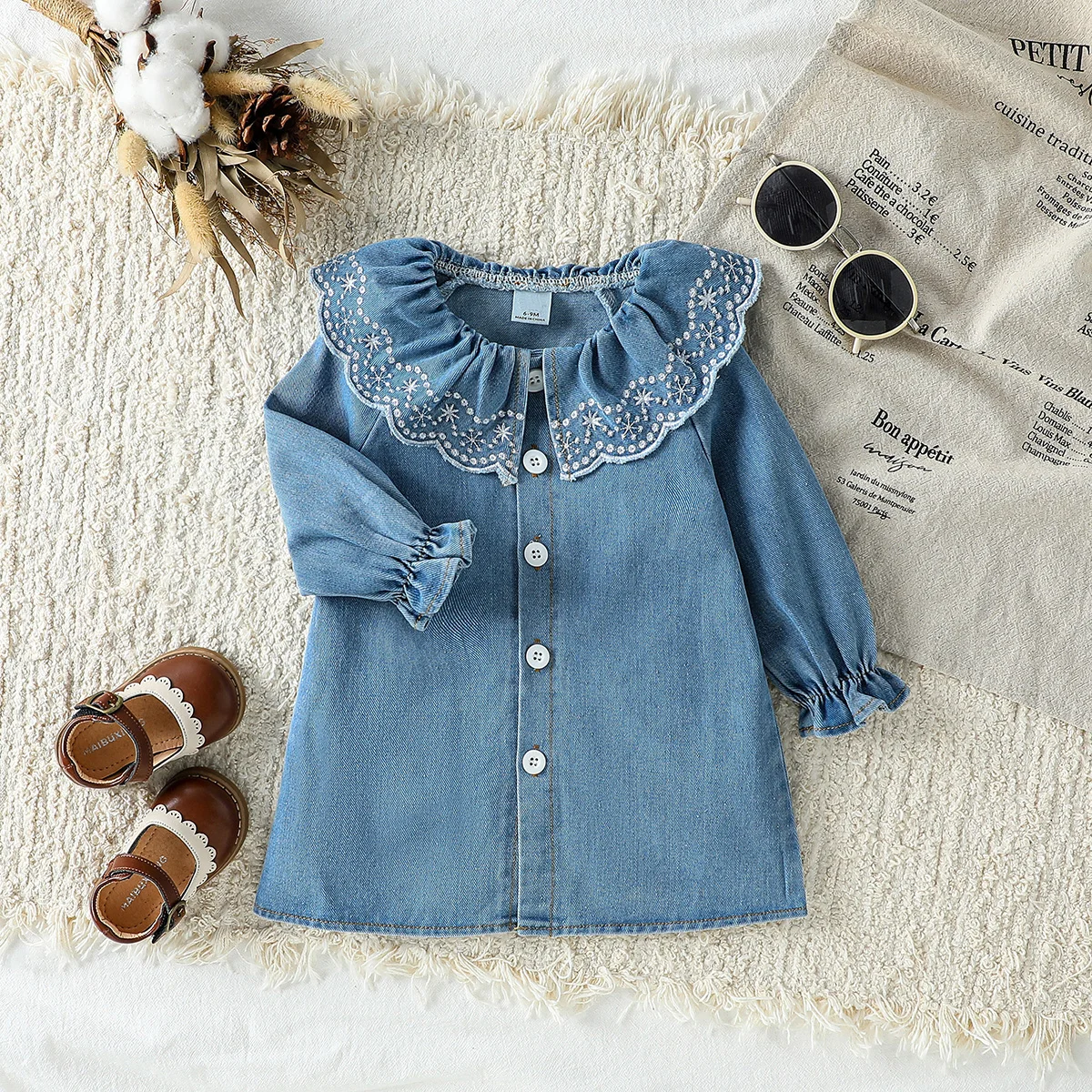 2023 herbst Langarm Mädchen Baby Kinder baumwolle Große rüschen Denim kleid Elegante Geburtstag Kleidung Für 1-3Y Casual Kleider Image
