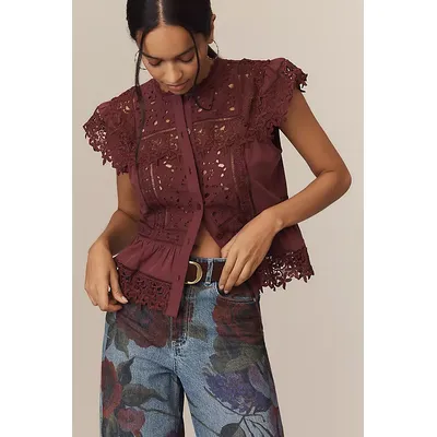 By Anthropologie Sleeveless High-Neck Lace-Inset Blouse