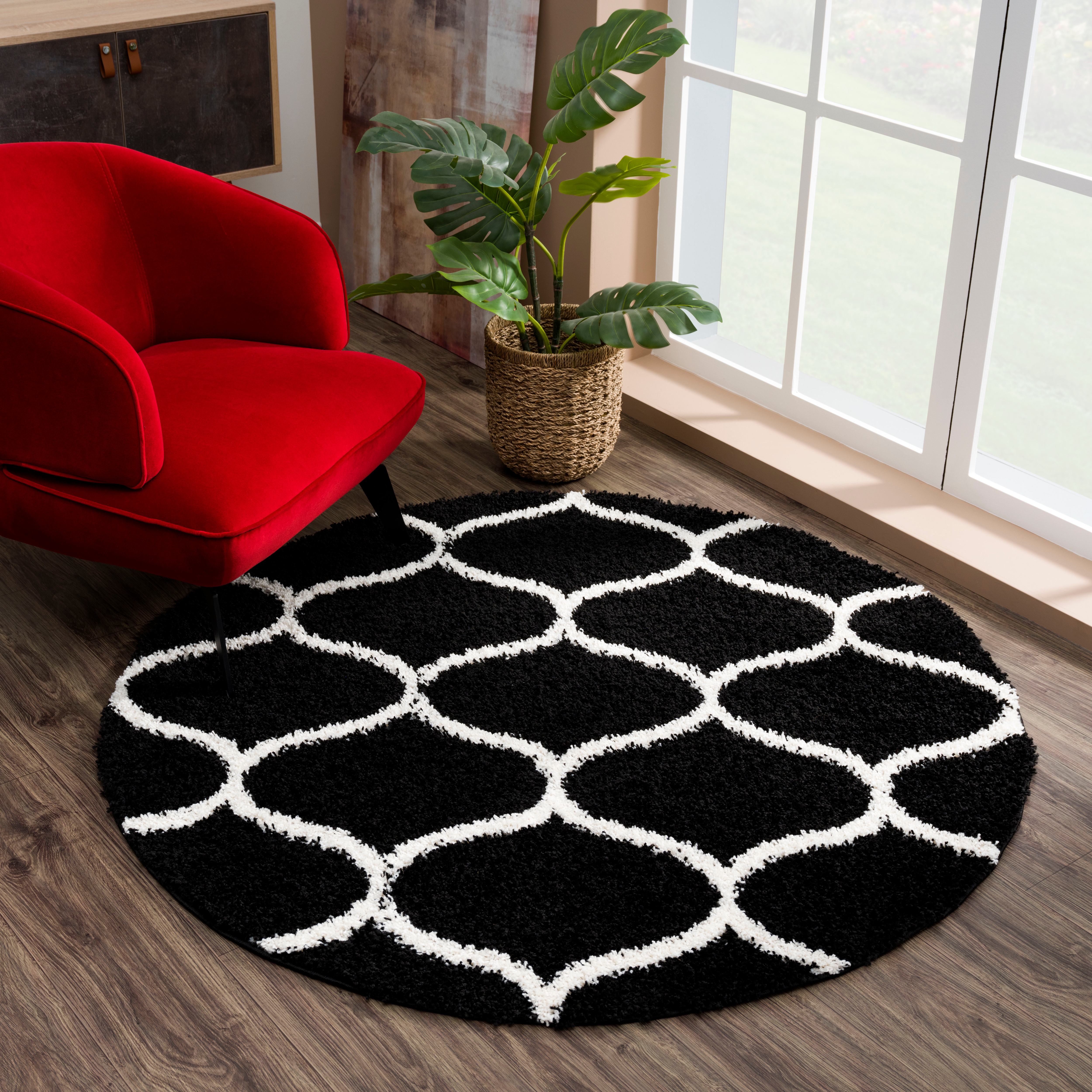 Hochflor-Teppich SANAT "Madrid", schwarz, H:30mm Ø:120cm, Kunstfaser, Teppiche, Wohnzimmer, Langflor, Shaggy Teppich Image