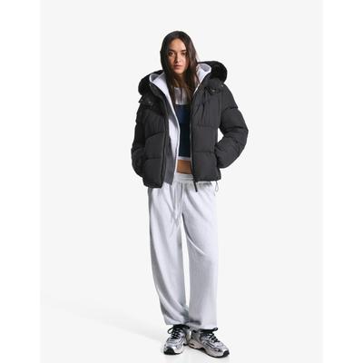 Bershka Water-Repellent Puffer Jacket With Faux Fur Hood Women M Black