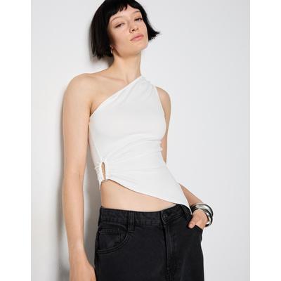 Bershka Asymmetric Top With Rhinestone Ring Women L Cream