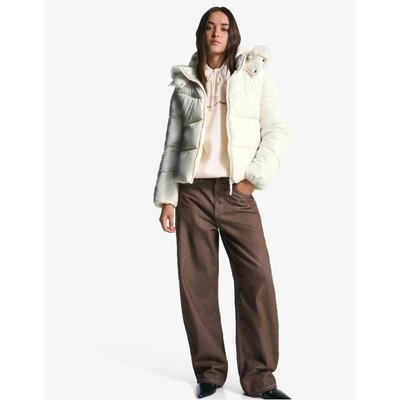 Bershka Water-Repellent Puffer Jacket With Faux Fur Hood Women L Sand