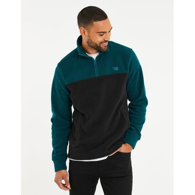 Teal Green & Black Colourblock Quarter Zip Fleece