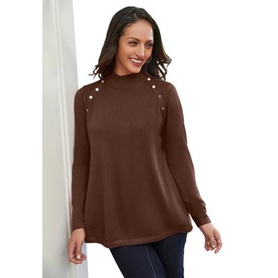 Plus Size Women's Gold Button Mockneck Sweater by Jessica London in Rich Brown (Size 2X)