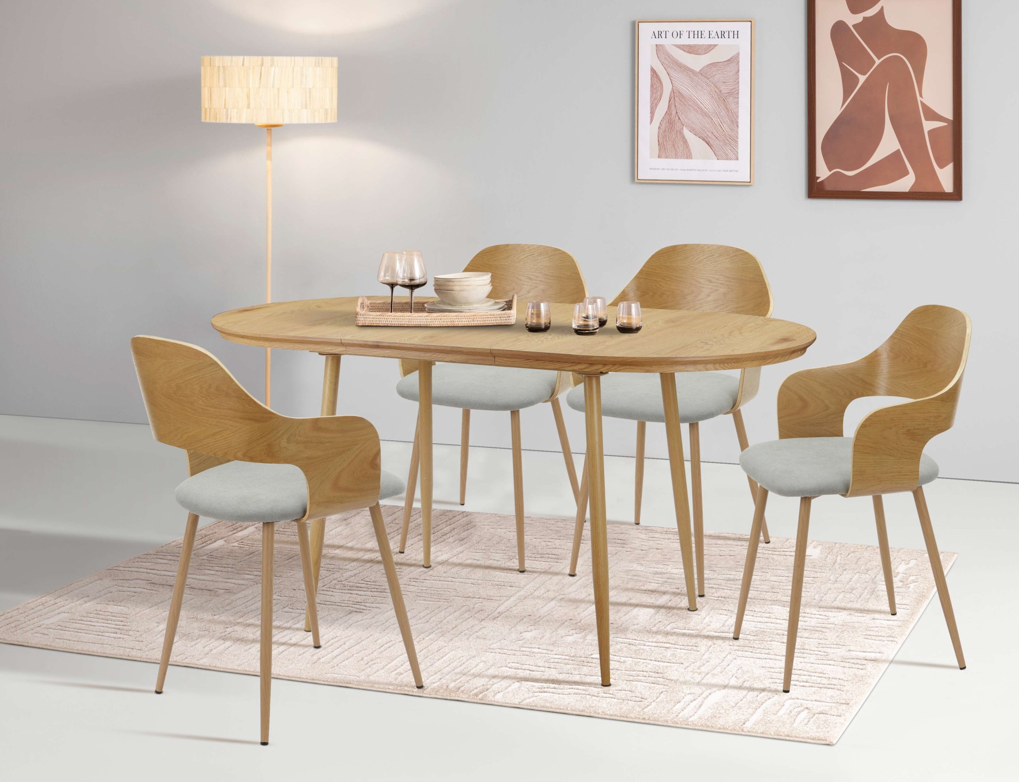 Essgruppe HOME AFFAIRE "Belleville Tischgruppe Stühle Ausziehtisch", schwarz (hellgrau, eiche, hellgrau, schwarz), B:120cm H:76cm T:80cm, Stoff, Sitzmöbel-Sets, Tisch mit Einlegeplatte