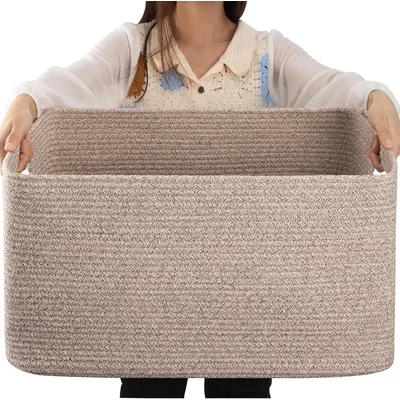 Large Blanket Basket, Woven Blanket Storage Basket with Handle, Cotton Rope Basket