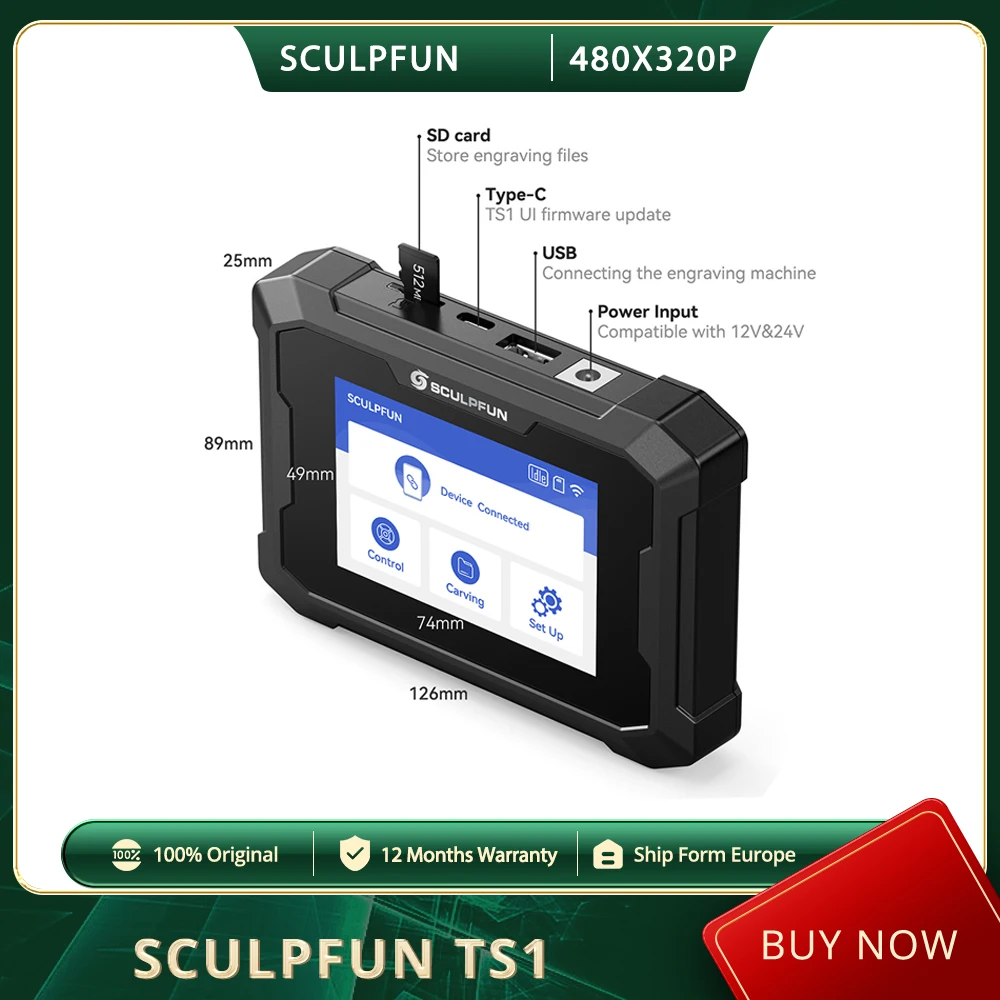 SCULPFUN TS1 Touchscreen da 3,5", 480x320P, connessione WiFi, con scheda SD/tipo C/USB/ Porte di ingresso alimentazione Staffa Design scheda posteriore