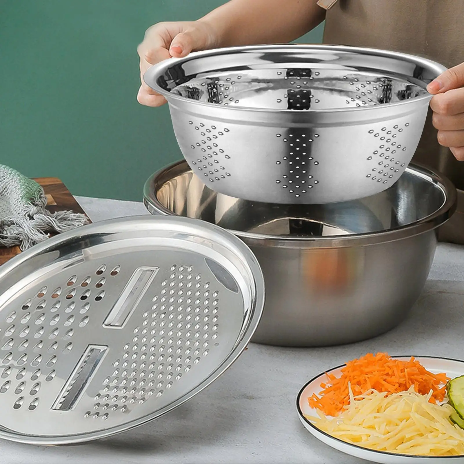 Edelstahl-Waschbecken-Set, multifunktionales Rührschüssel-Set, Reibe, Schüssel, 3-in-1, Salatbereiter, Rührschüssel-Set mit Abflussbecken