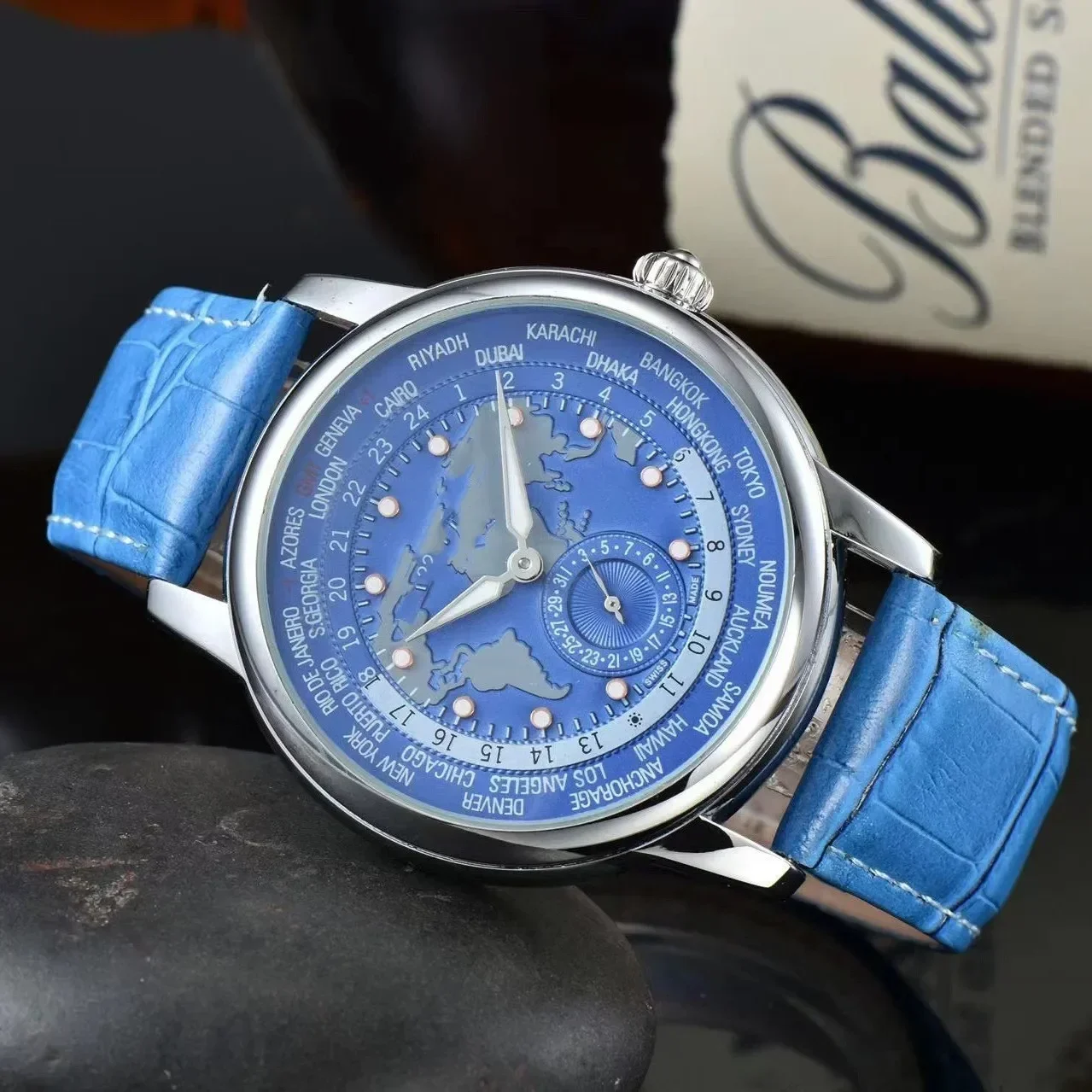 Men's Luxury Quartz Watch Blue Dial Watch Analogue Business Wristwatch Waterproof Leather Strap Watches Mens Fashion Gift Watch