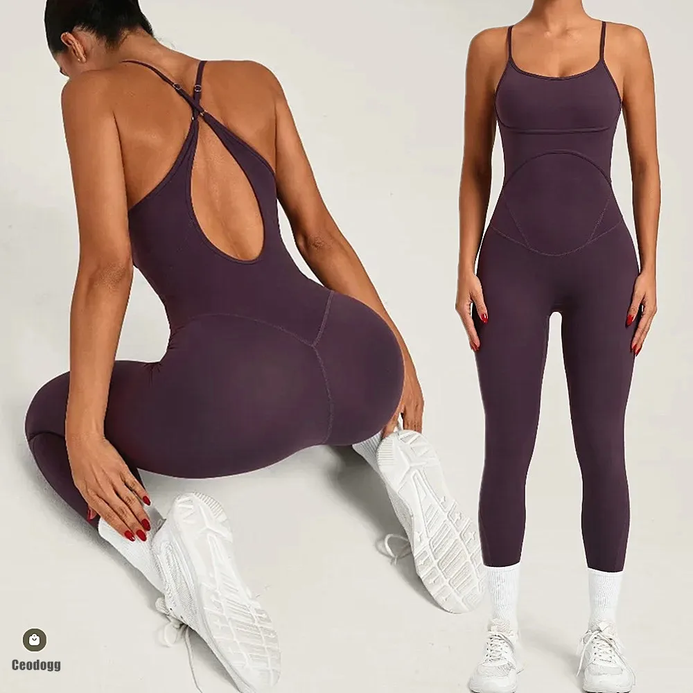 Pad Sports Fitness Jumpsuit Cross Open Back Adjustable Strap Hip Lift Tight Slim Fitness Yoga Set Gym Running Sports Wear XP96