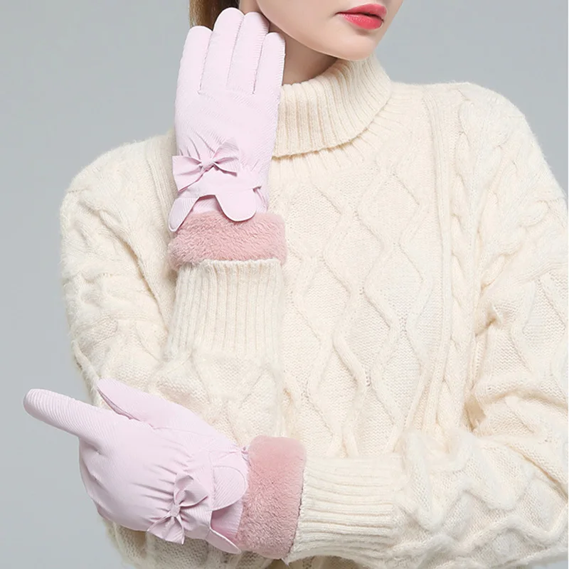Winter Warme Handschuhe Für Frauen Plus Samt Verdickt Wasserdicht Winddicht Nette Schleife Student Outdoor Radfahren Touchscreen Ski Handschuhe Image