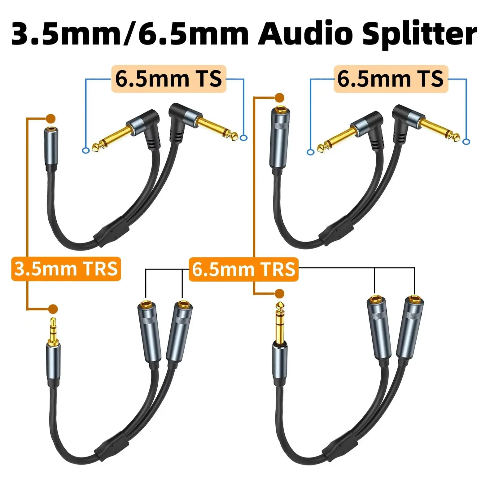 Stereo da 3,5 mm 1/8 TRS a doppio splitter a Y da 6,5 mm da 6,35 mm a 2x6,35 mm Adattatore jack Cavo di prolunga audio per amplificatore Mixer altoparlante