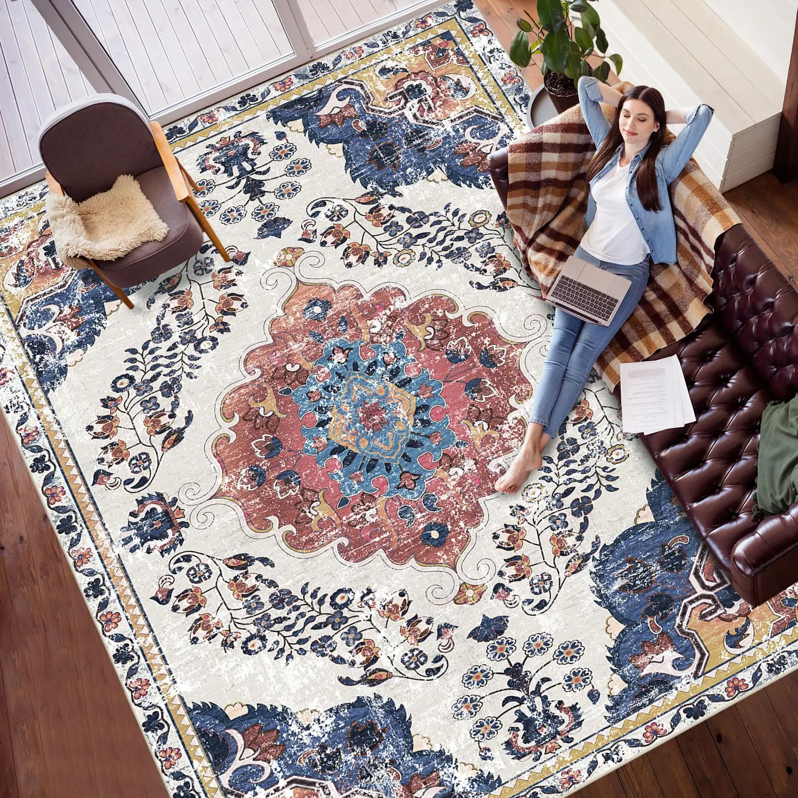 VIKAMA Großer Teppich, rutschfest, leiser Bodenteppich mit Schlaufenstapel, Wohnzimmerteppich, Wärme, leicht zu reinigende Schlafzimmermatte für Heimdekoration Image