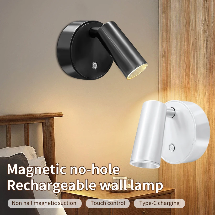 Magnetische kabellose LED-Wandleuchte mit Touch-Schalter, wiederaufladbares Nachtlicht, Strahler, Helligkeit, Farbe, dimmbar, Schlafzimmerschrank Image