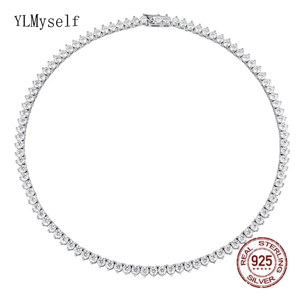 YLMyself Tenniskette aus 925er-Sterlingsilber, 3 mm, 5 A, Zirkonia, 3-polige Pavé-Halskette, 15–20 Zoll, 38–50 cm, eleganter Schmuck, Geschenk