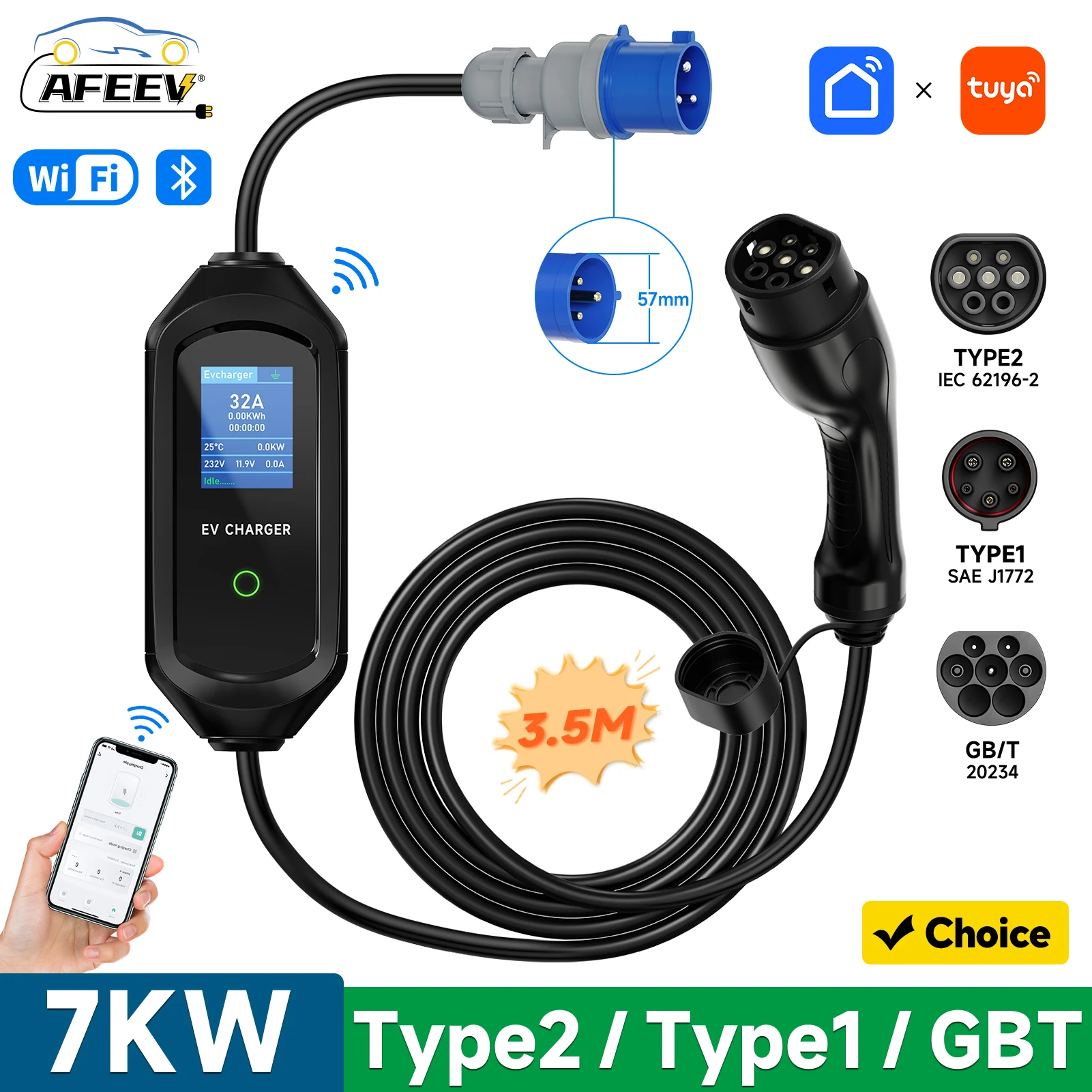 AFEEV 7KW Tragbares EV-Ladegerät Typ2/Typ1/GBT Elektroauto-Ladegerät 32A 1Phase Schnellladekabel WiFi APP Bluetooth-Steuerung Image