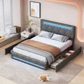 Letto imbottito 140 x 200 cm con illuminazione a LED, letto matrimoniale con 4 cassetti, testiera regolabile, letto contenitore, lino, grigio