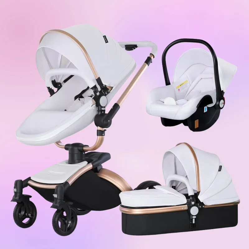 Luxuriöser Kinderwagen, 3-in-1-Kinderwagen, PU-Leder, hohe Landschaft, drehbar, 360° drehbar ° Trolley-Autokinderwagen für Neugeborene Image