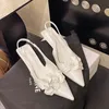 Sexy Flower Pointed Toe Thin Low Heels Women Pumps Elegant Wedding Slingback Shoes Mules Zapatos De Mujer