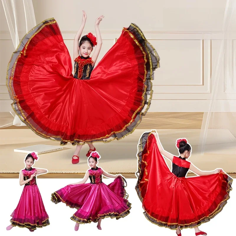 Girls Spanish Flamenco Dance Dresses 360/540/720 Degree Big Swing Skirt Kids Opening Dance Stage Performance Costumes