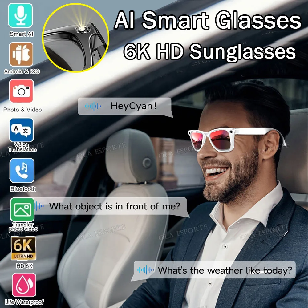WIFI Übertragung Smart Brille 6K Kamera Sonnenbrille AI Übersetzung Brille Bluetooth Anruf Sprachassistent Musik Fahren Brille Image