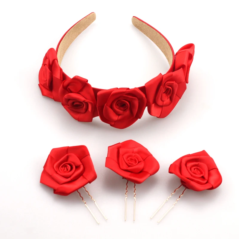 Rotes handgefertigtes Band-Stirnband mit Rosenblume, luxuriöses Haarband für Hochzeit, elegantes Haarschmuck-Accessoire